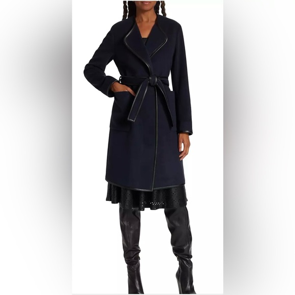 Elie Tahari Faux Leather-Trimmed Cashmere Wool Blend Wrap Coat Navy XL Womens - Picture 3 of 15